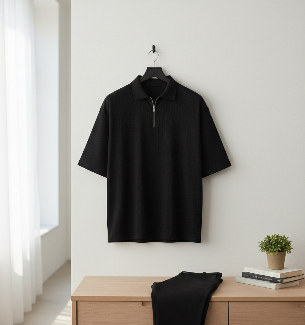 تیشرت مردانه یقه زیپ دار مشکی مدل Arban